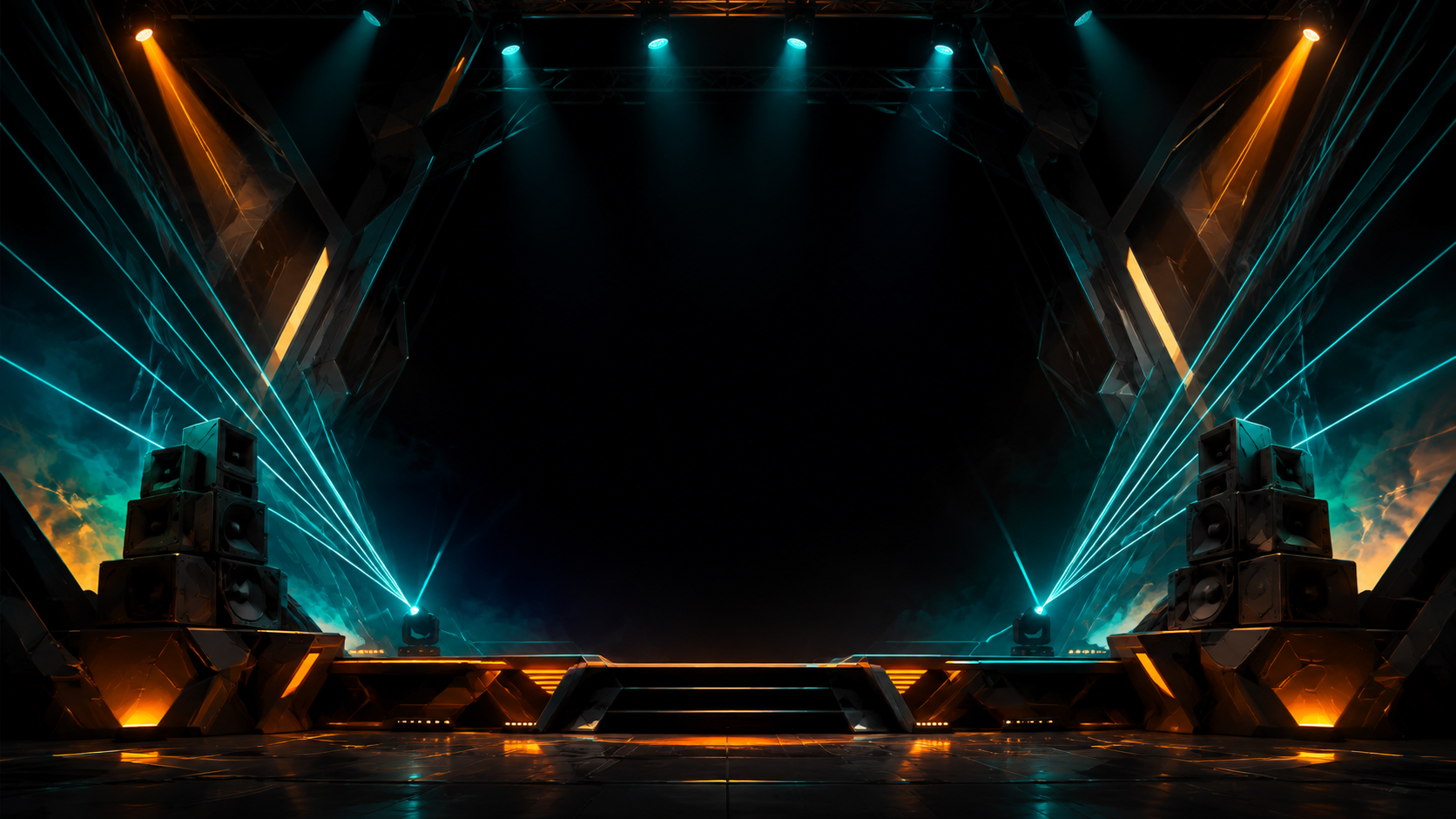 Stylized drum and bass stage with spotlights and lasers